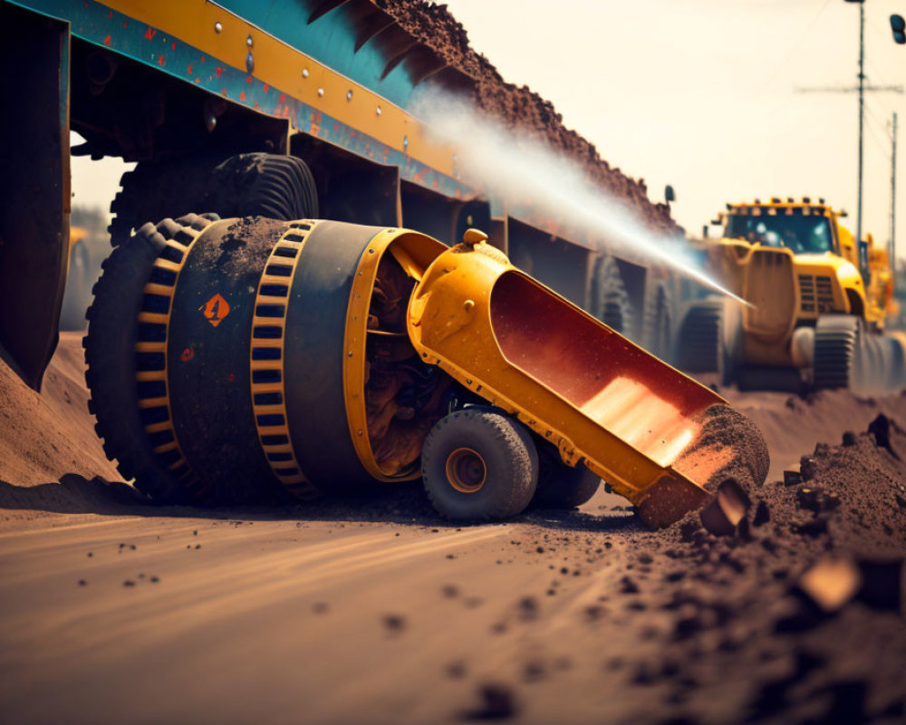 Construction site scene: Water truck spraying, soil compactor compacting, heavy vehicle in background