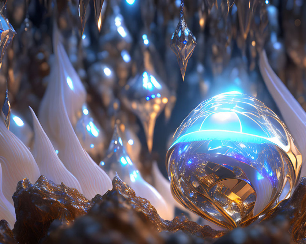 Intricate metallic structures with glowing crystal sphere in fantasy cave setting