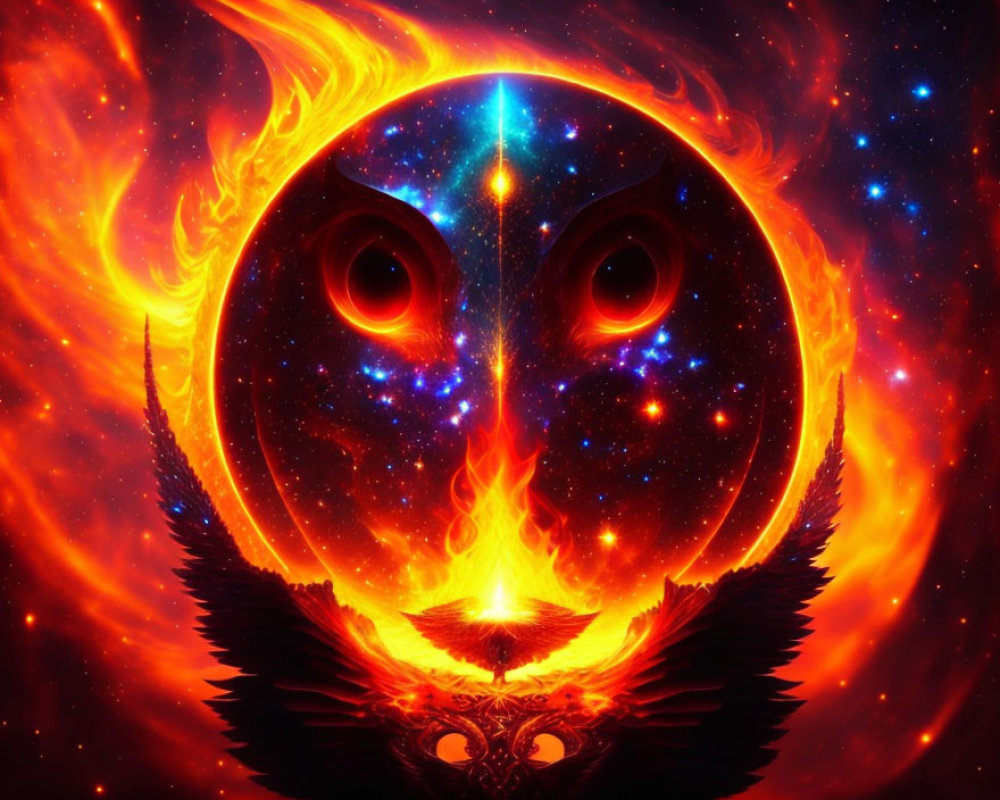Colorful digital artwork: Phoenix and cosmic owl in cosmic space