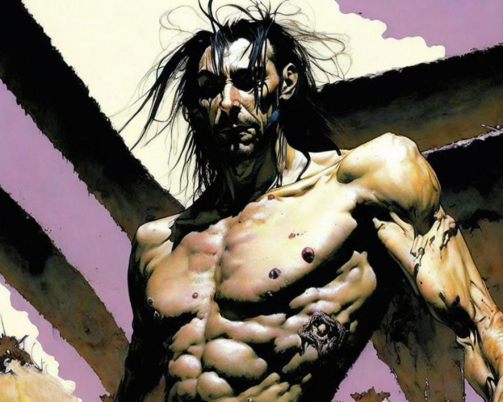 Muscular man with long black hair and war paint on face against beige backdrop