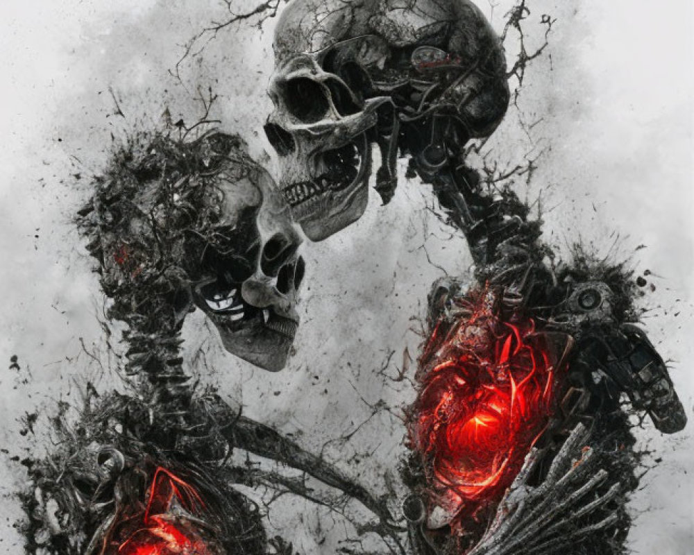 Skeletal figure with glowing red eyes in dark, smoky setting