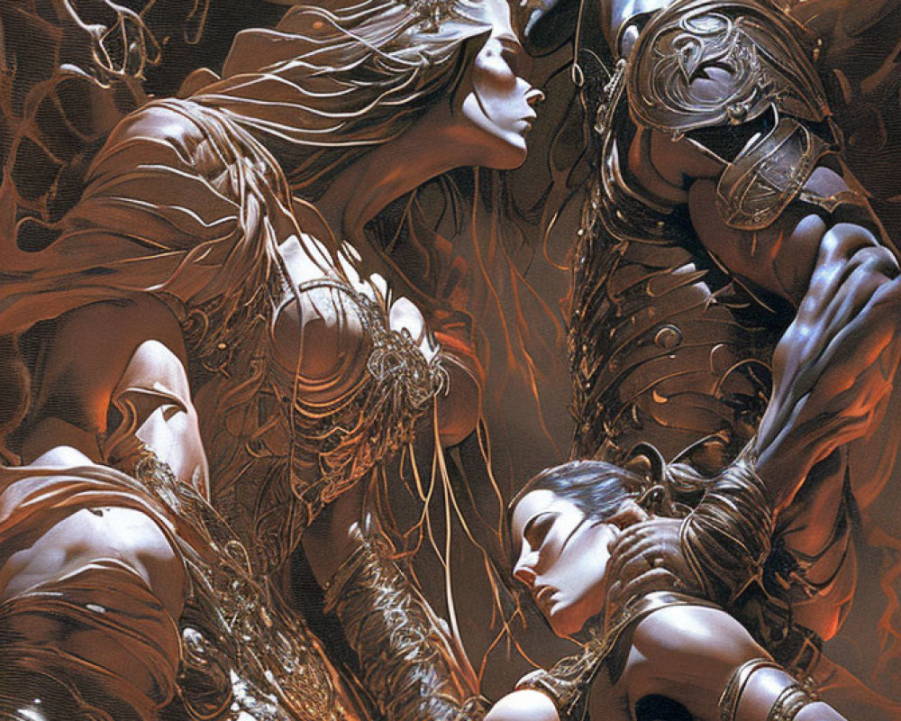 Fantasy characters in elaborate armor embrace amidst flames