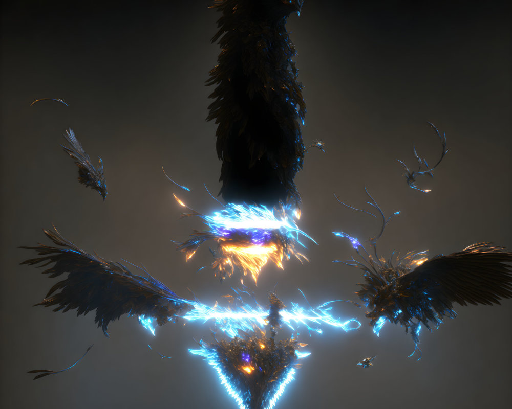 Mystical winged creature with glowing blue energy in dark setting