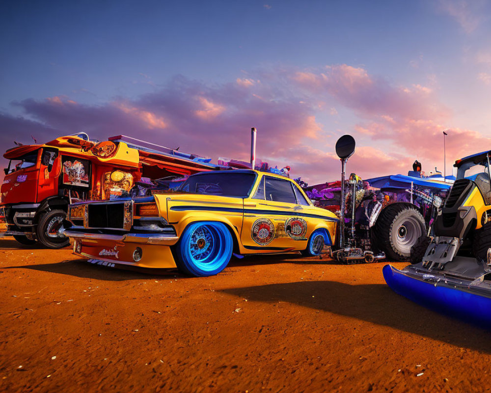 Custom yellow car with blue-lit wheels, truck, and tractor under purple sky