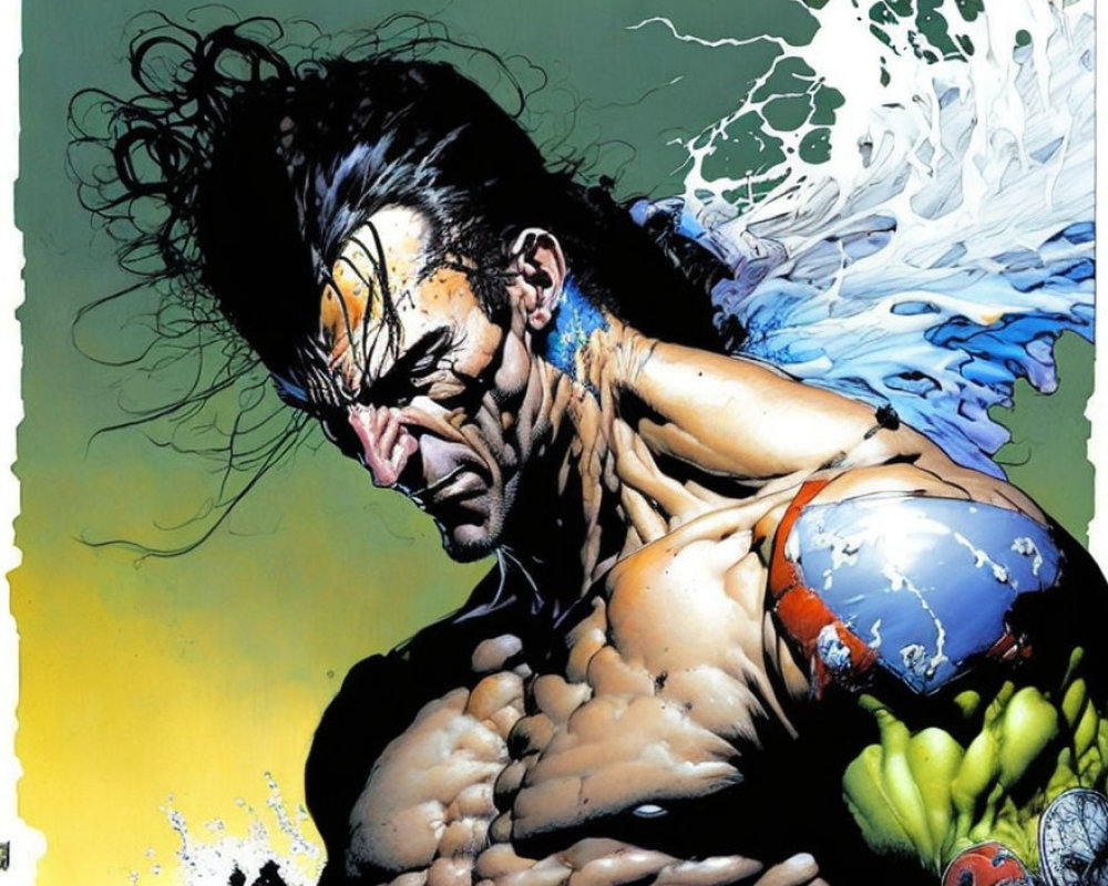Muscular superhero with long black hair in blue and red costume emerging from water