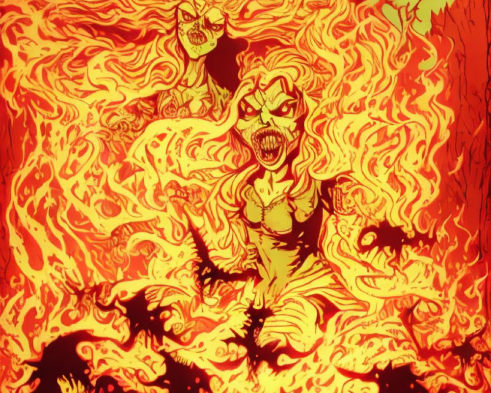 Illustration of fiery demonic figure surrounded by flames