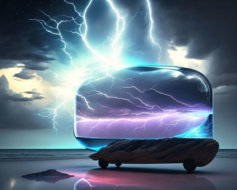 Levitating futuristic capsule with lightning display on wooden base