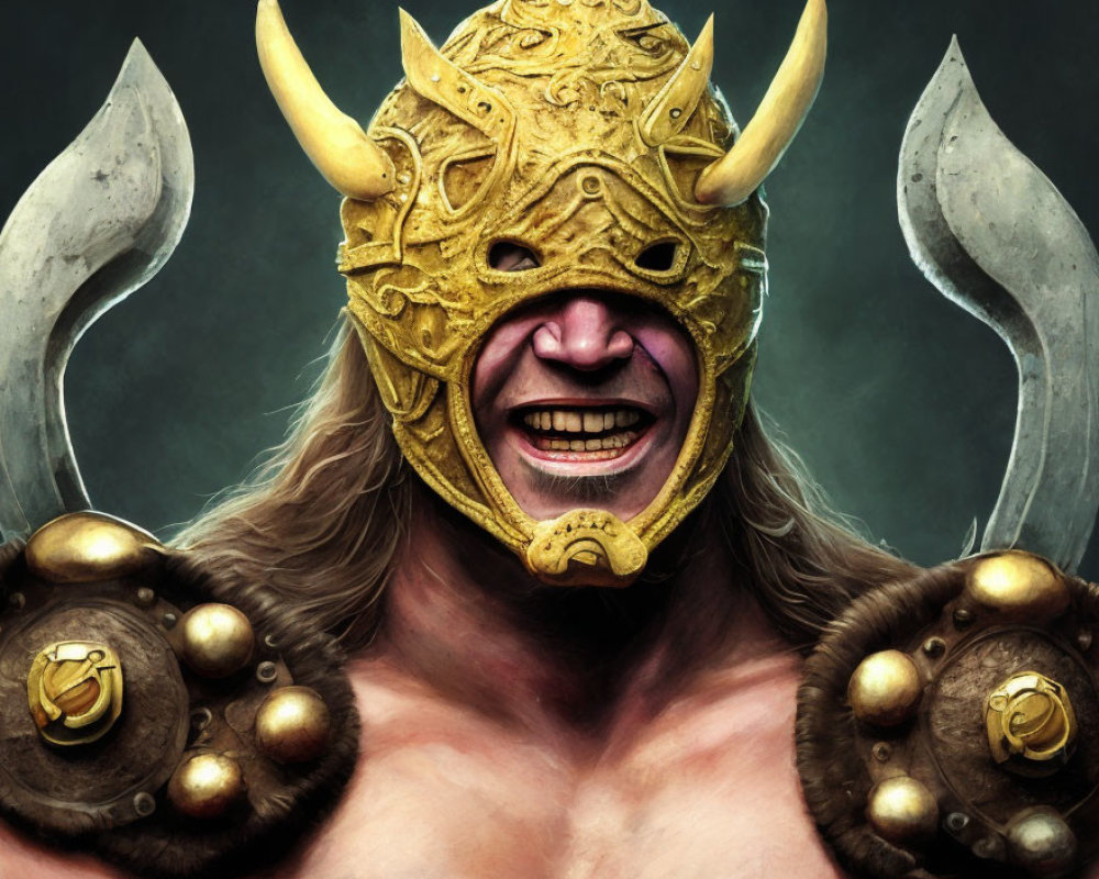 Gold ornate horned mask with broad grin, fur trim, and shoulder armor with medallions