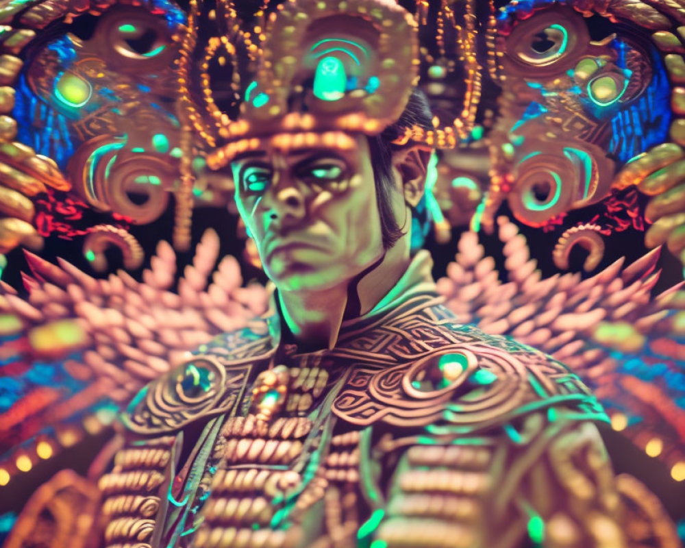 Colorful Figure in Elaborate Costume with Regal Headpiece on Patterned Background