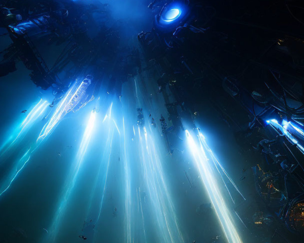 Futuristic underwater scene with high-tech structures and marine life