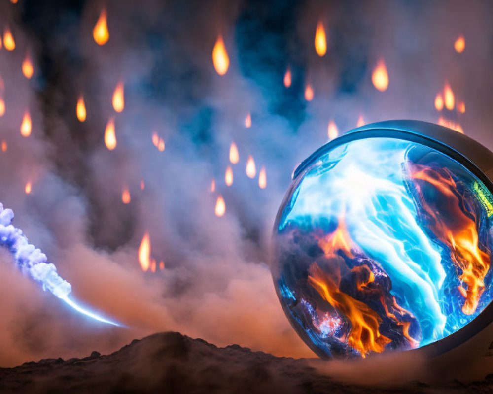 Earth-themed spacecraft with jet engine in fiery space scene