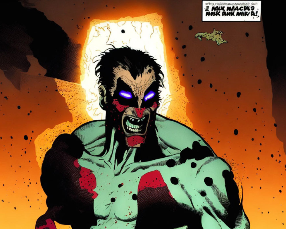 Muscular comic character with purple eyes and sharp teeth in explosive scene