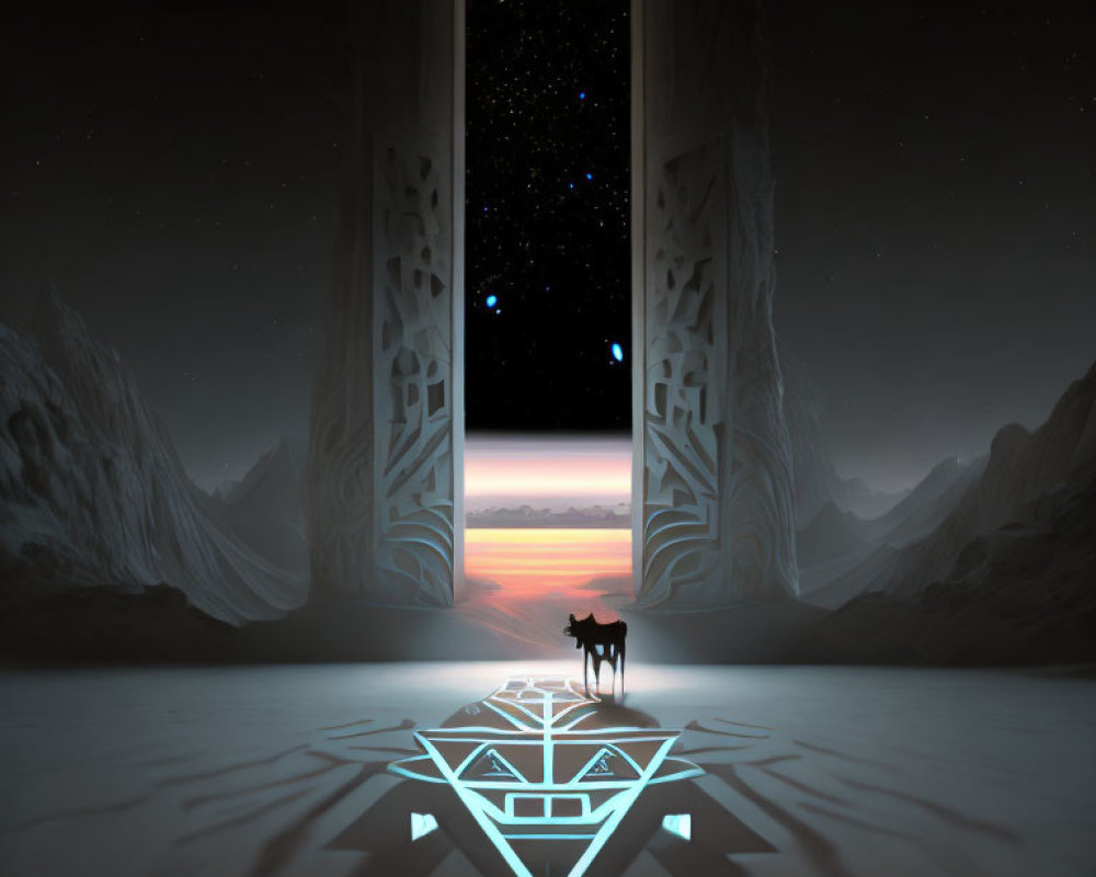 Silhouetted wolf at futuristic gateway with sunset horizon and starry skies