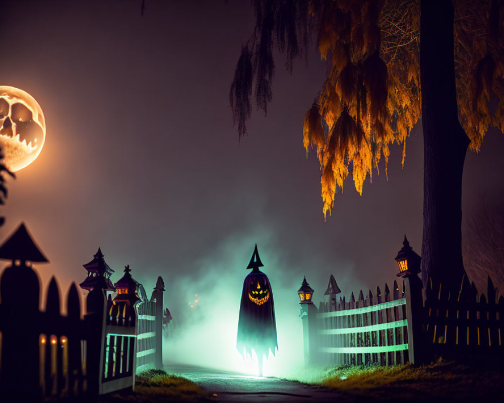 Glowing pumpkin-headed figure in spooky Halloween scene
