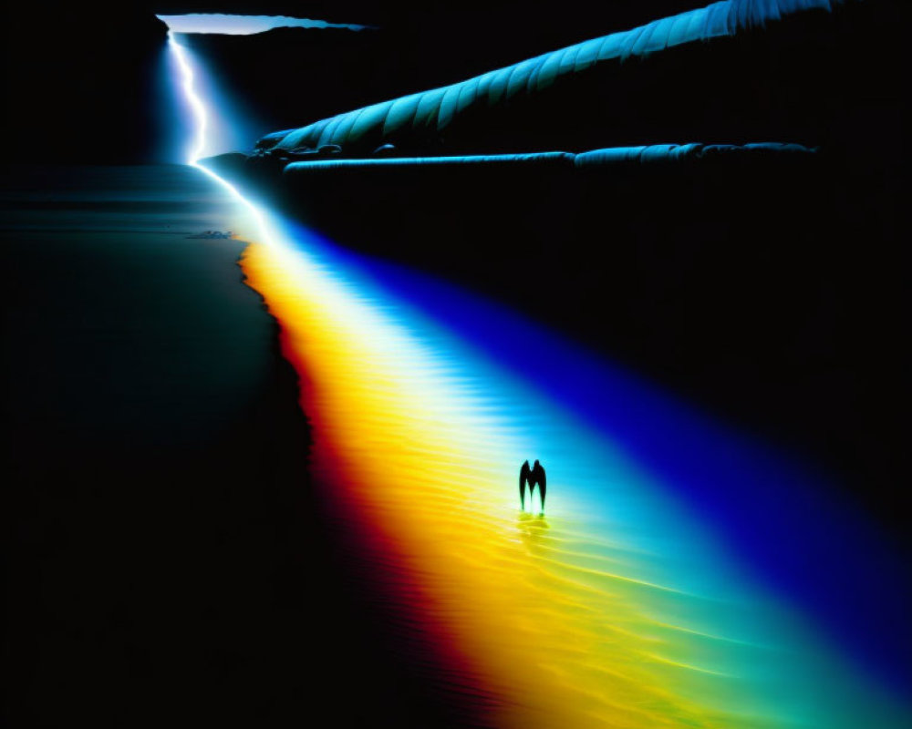 Silhouetted figures in front of vibrant light spectrum and rainbow reflection