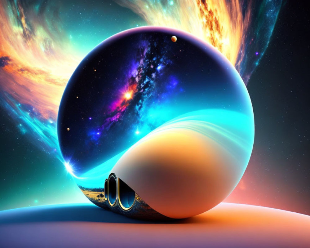 Surreal cosmic landscape with reflective sphere and golden rings