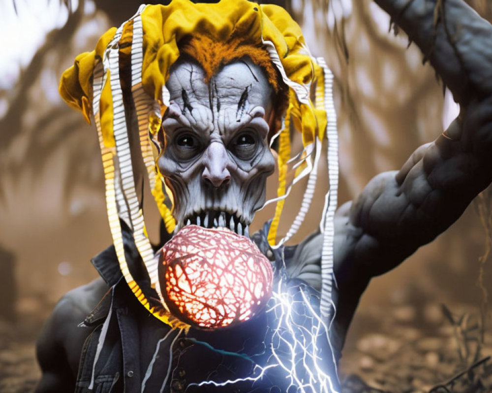 Person in skull mask holding glowing orb in foggy forest landscape