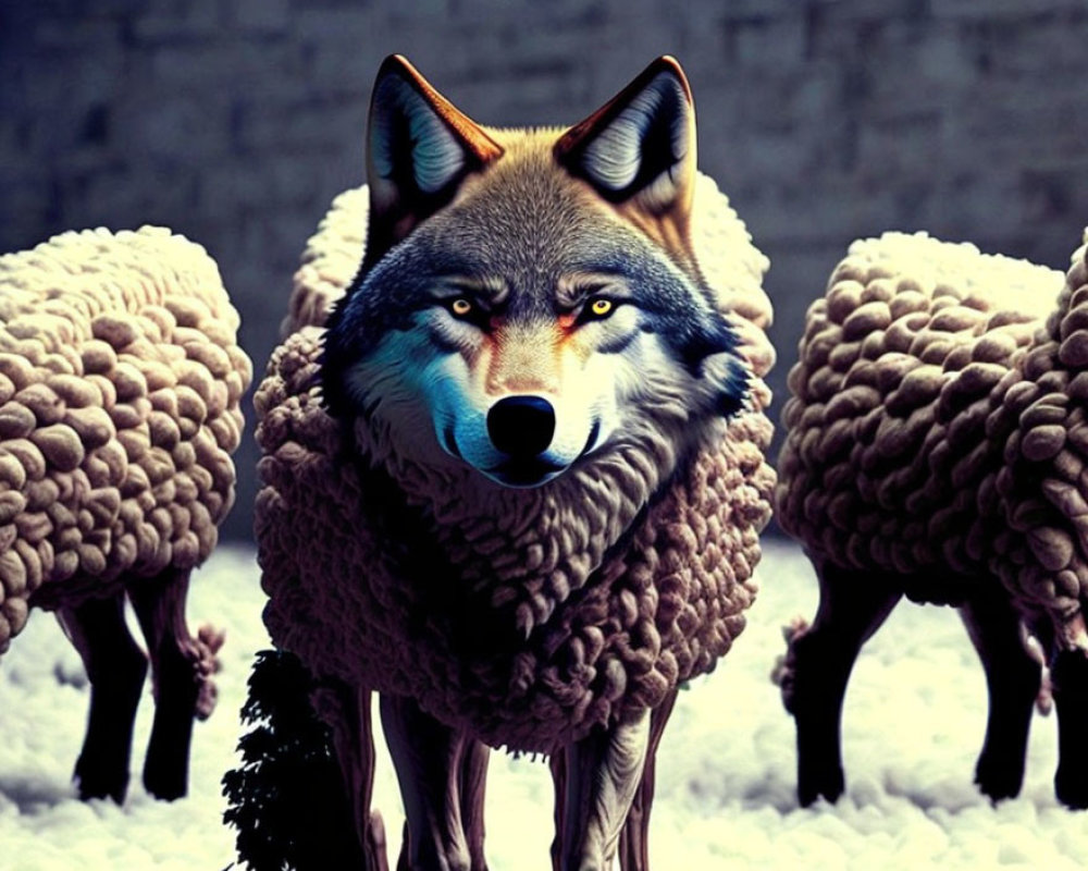 Deceptive wolf in sheep's clothing against snowy backdrop
