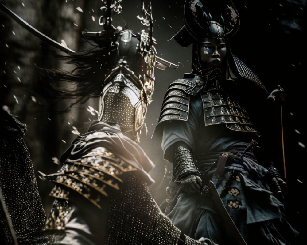 Samurai warriors in full armor battle amid falling particles