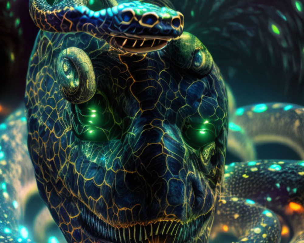 Surreal digital artwork: serpent around glowing orb on dark background