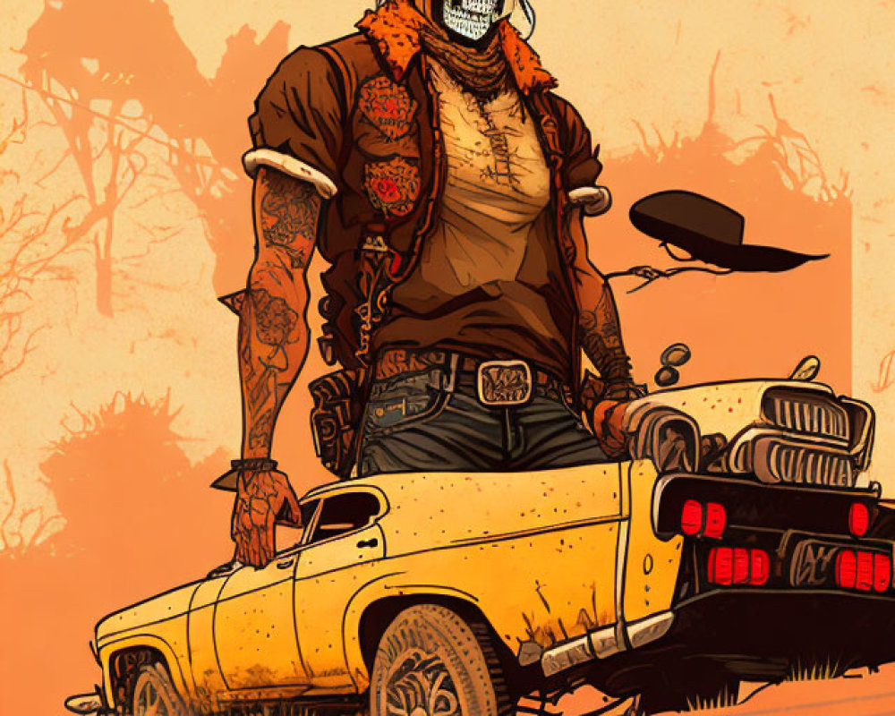 Skeleton in Cowboy Hat Leaning on Car in Desert Scene