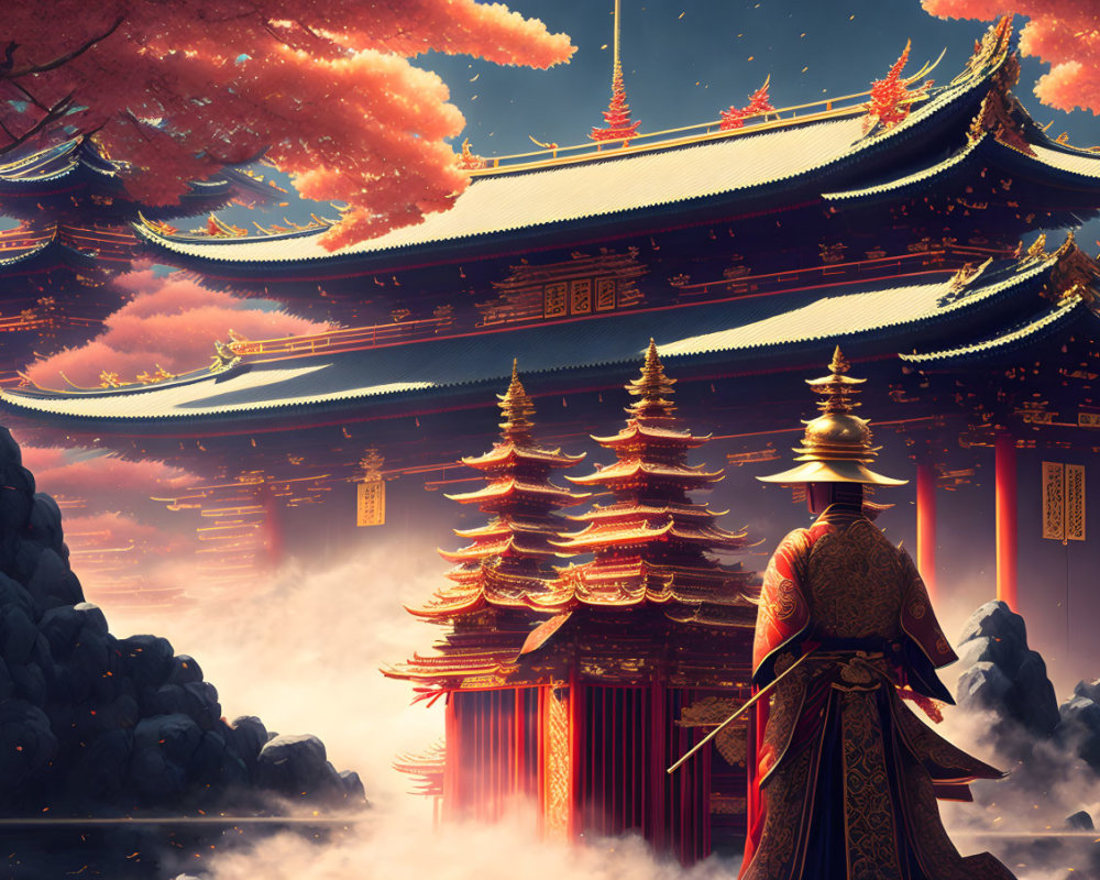 Armored figure at ancient temple with pagodas in misty landscape