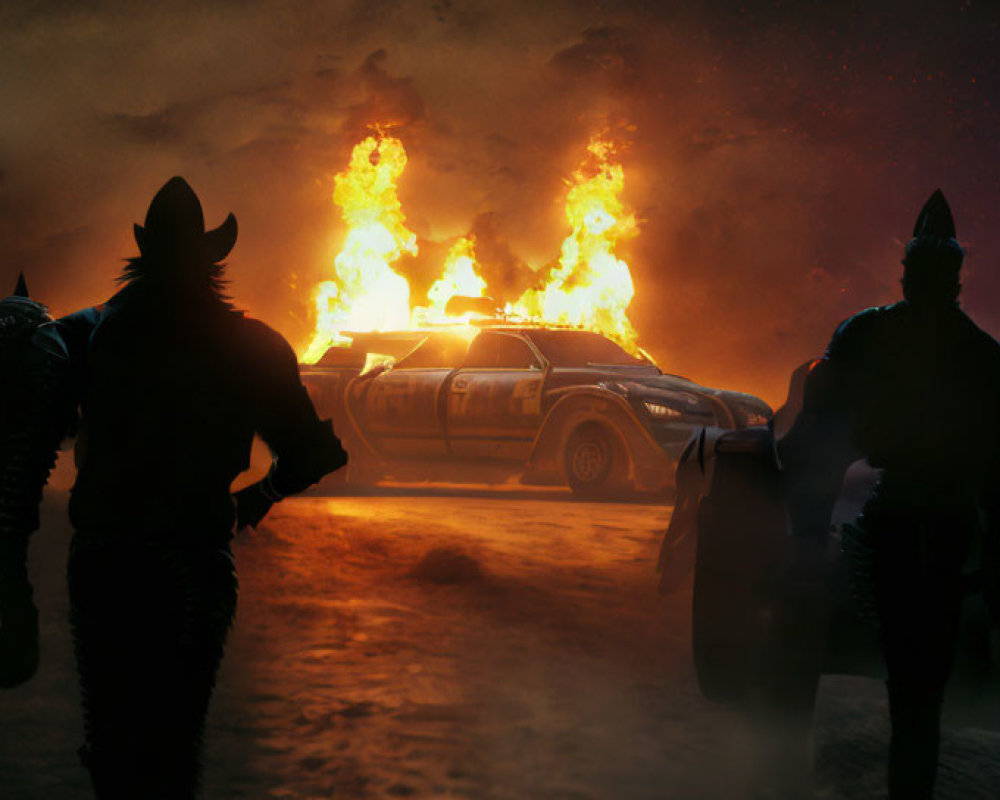 Cowboy-hat silhouettes near flaming car wreck at night.