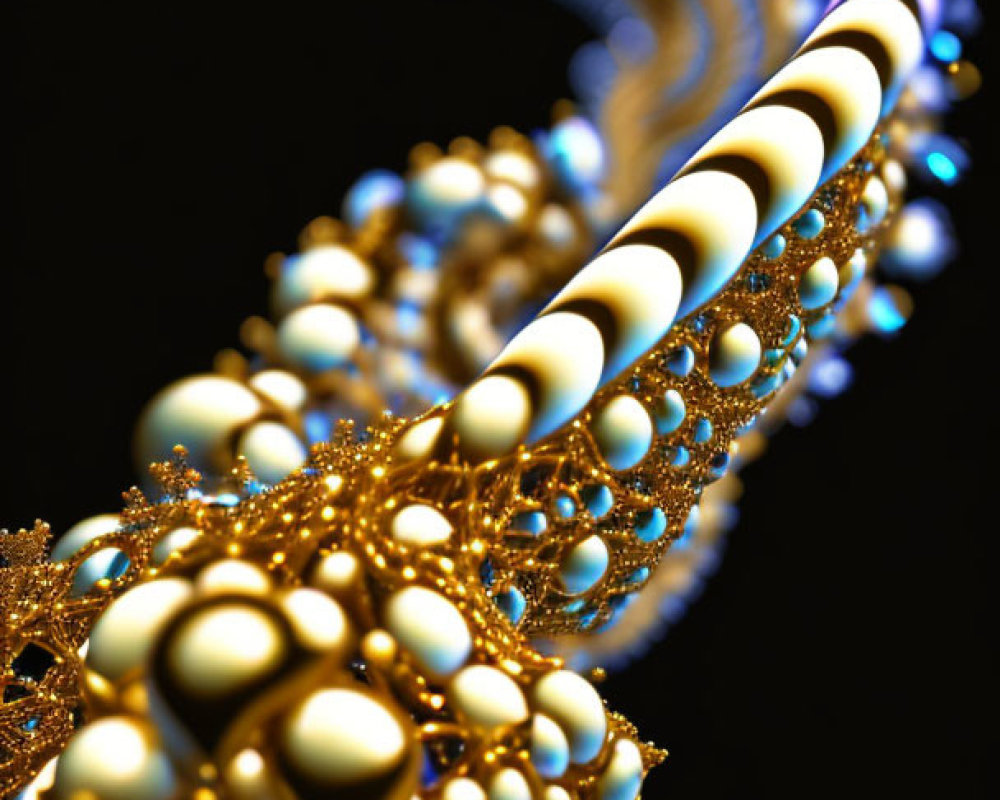 Fractal spiral with blue and golden hues on black background