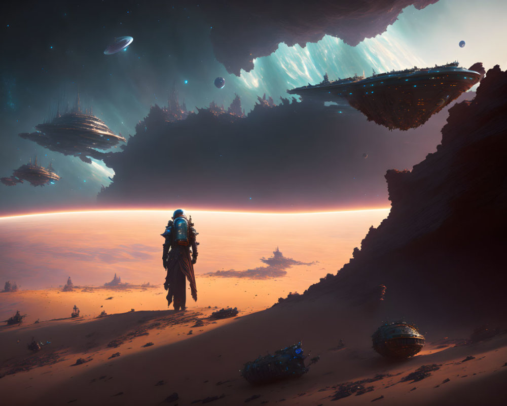 Astronaut views surreal landscape with floating islands