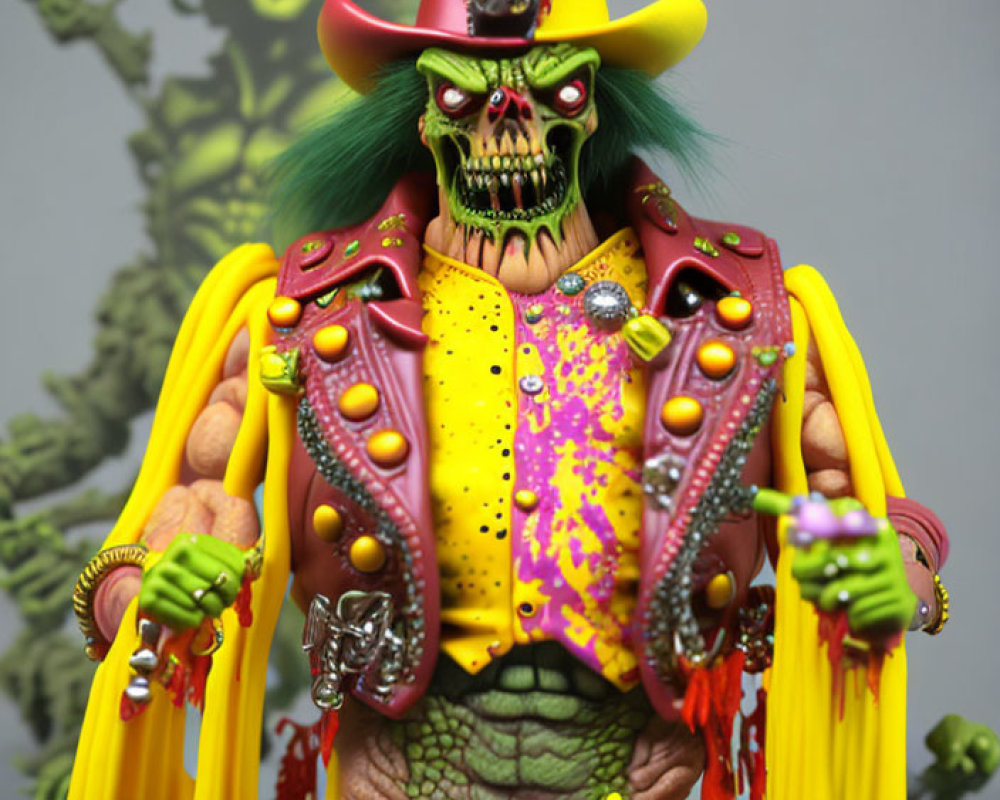 Monstrous Green Cowboy Action Figure with Skull Face & Colorful Outfit
