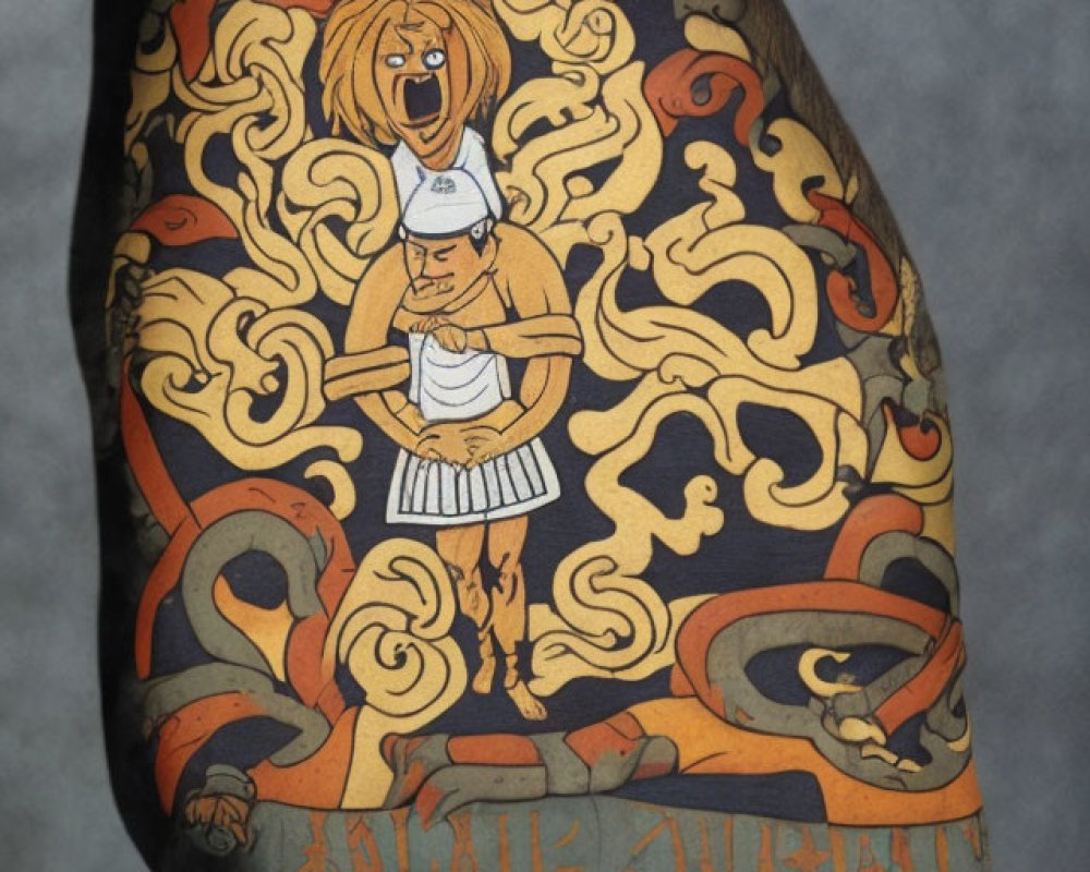 Vibrant chef, lions, dragons tattoo sleeve in orange, black, yellow