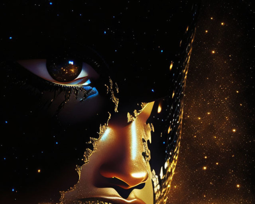Surreal image blending human face with cosmic scene
