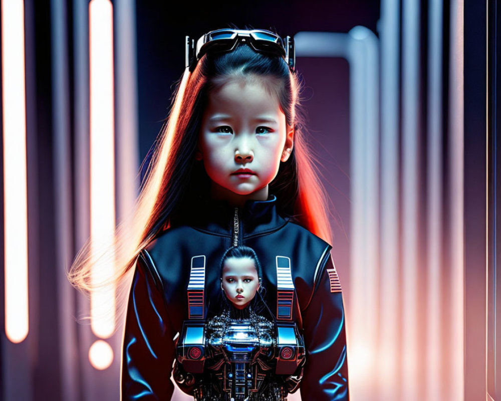 Serious young girl in futuristic apparel with glowing vertical light tubes