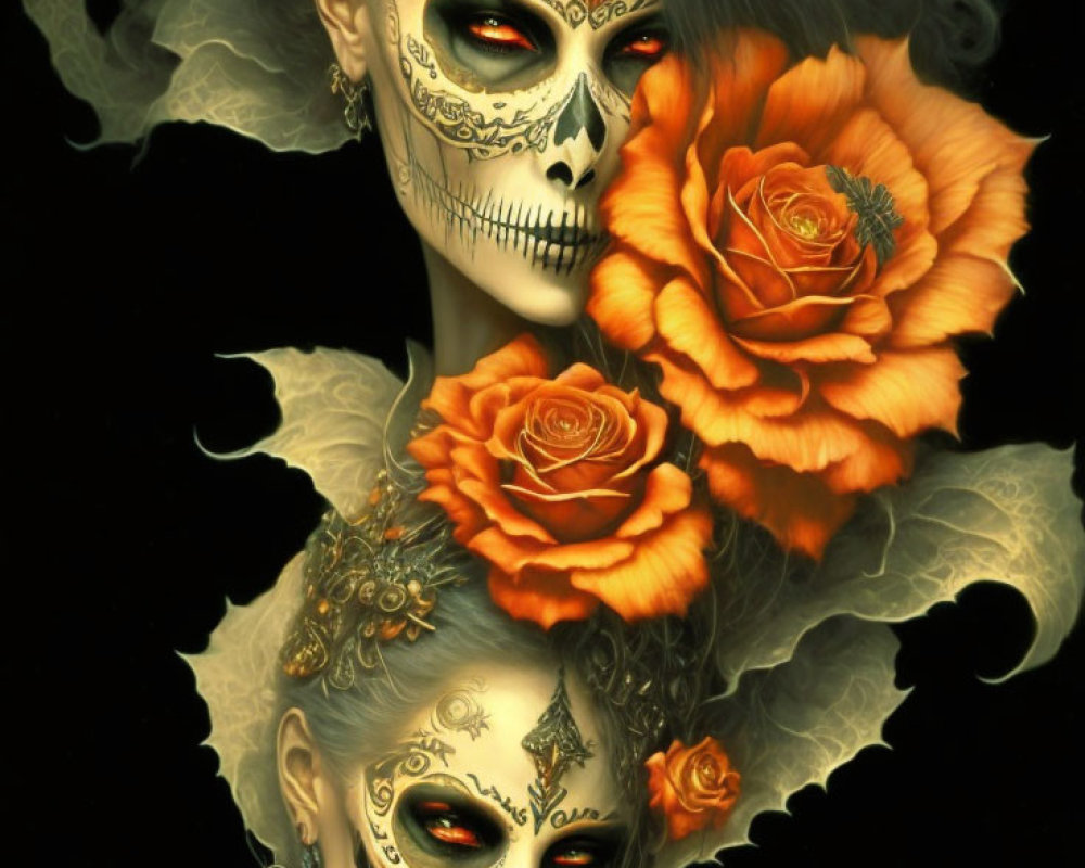 Person with skull makeup and orange roses on black background.