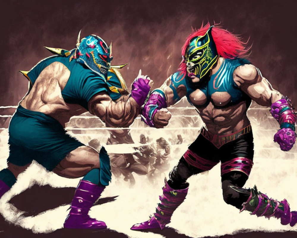 Dynamic Masked Wrestlers in Lucha Libre Attire Face Off