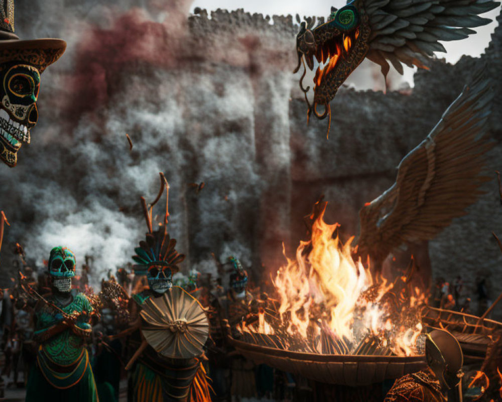 Traditional dancers in skull masks and feather headdresses near fire and smoke structure.