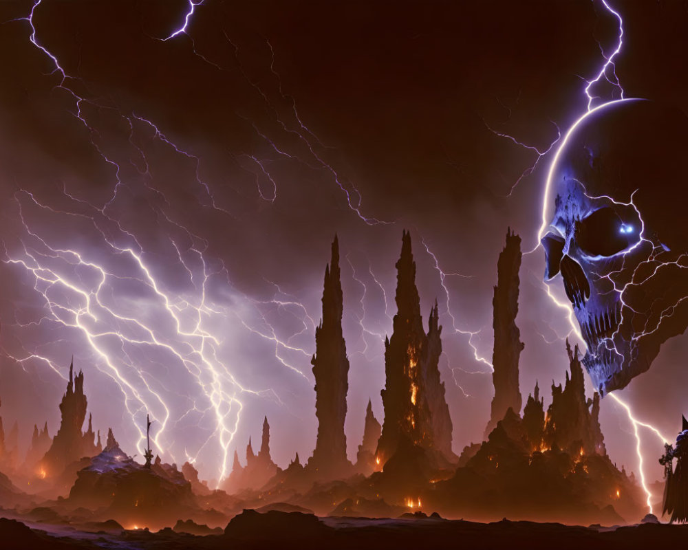 Fantasy landscape with giant skull, lightning strikes, and spires