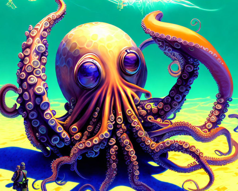 Colorful Giant Octopus Illustration with Turquoise Background