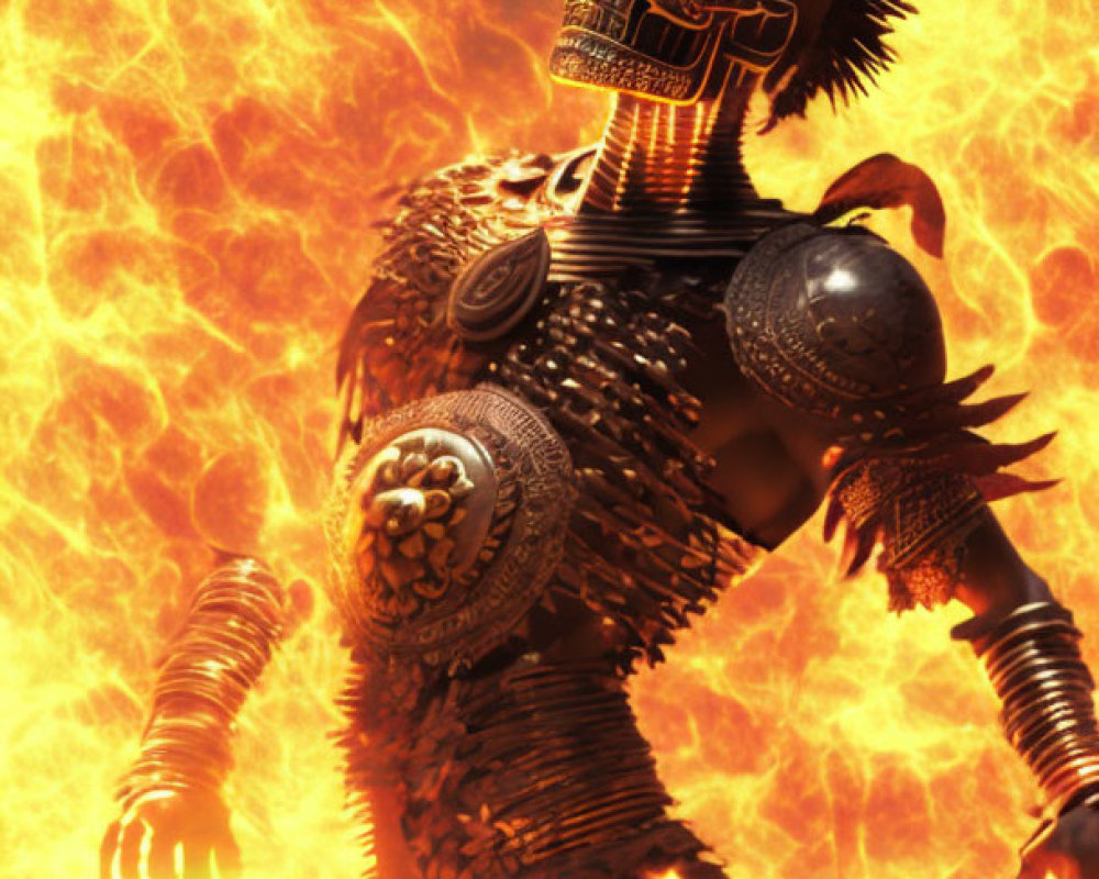 Glowing-eyed robot in fiery backdrop with intricate armor