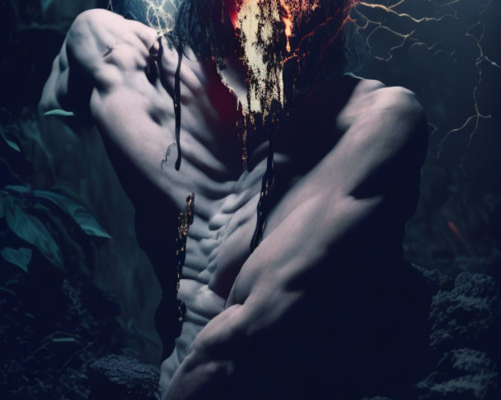 Shirtless man with glowing red eyes surrounded by electric currents in dark foliage