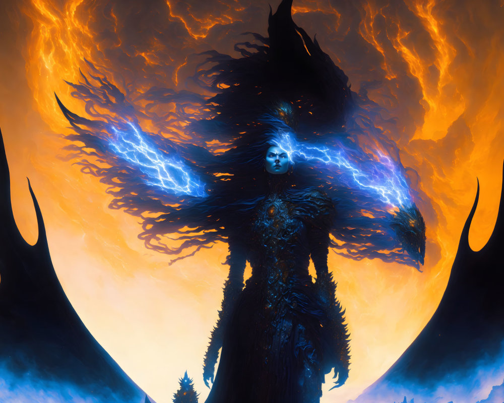 Mysterious figure with glowing blue eyes and fiery sphere in dark attire