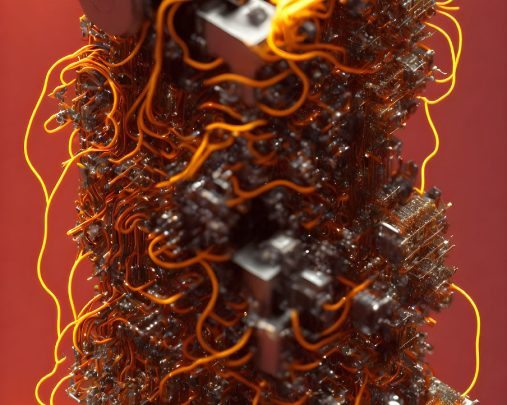 Intricate Wiring and Electronic Components on Red Background