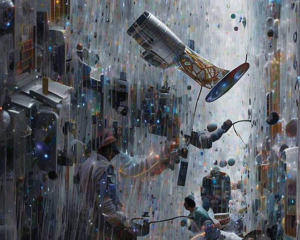 Person surrounded by floating electronic components and tools in chaotic spacecraft workshop