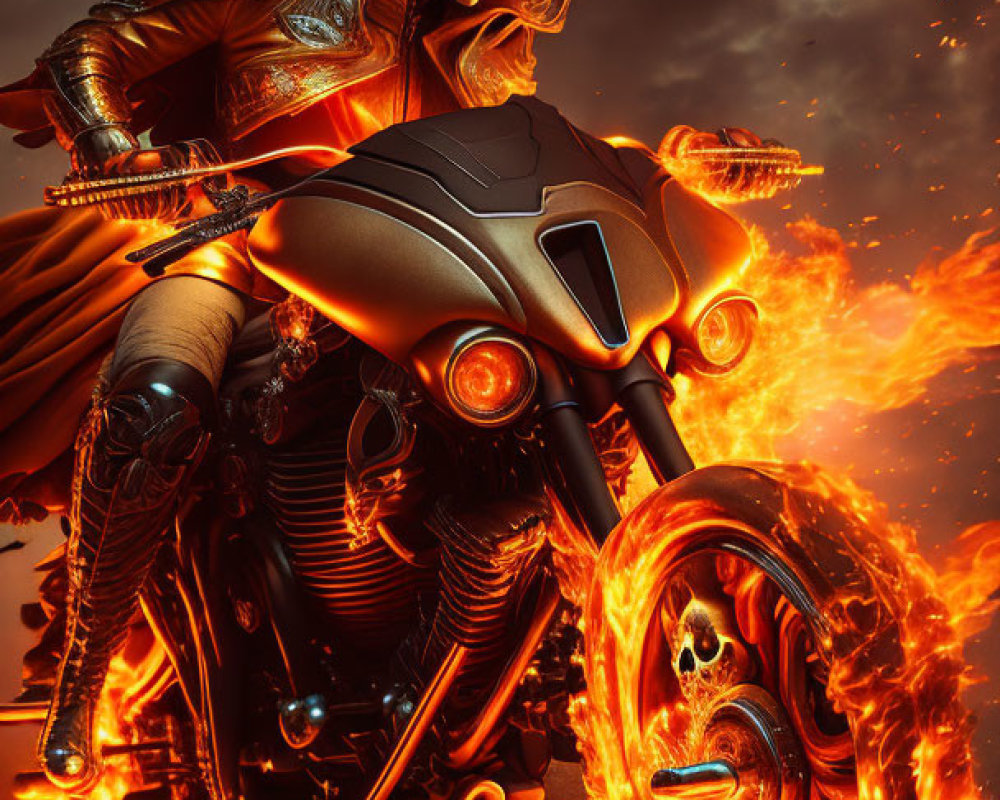 Menacing figure in skull helmet rides fiery motorcycle.