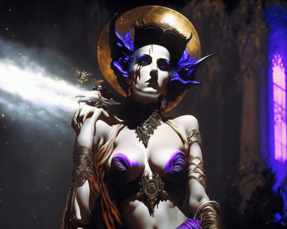 Mystical figure with golden halo and horns in elegant attire against cosmic backdrop