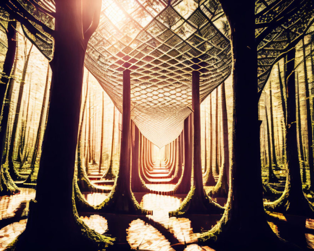 Surreal forest scene with geometric patterns creating infinite tunnel effect