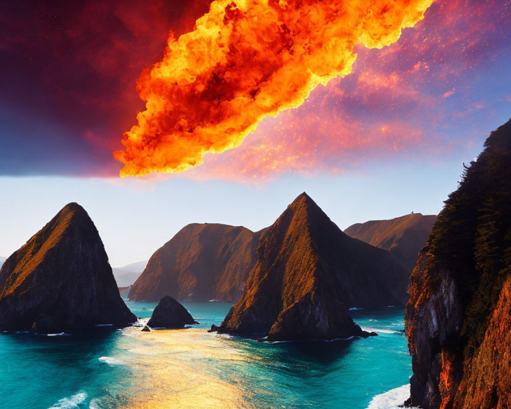 Dramatic Coastal Landscape with Red Clouds and Towering Cliffs