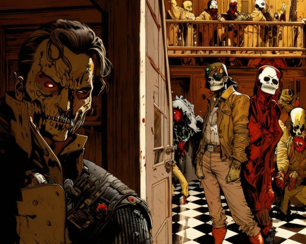 Menacing skull-like masks and cyborg in rustic room with wooden walls