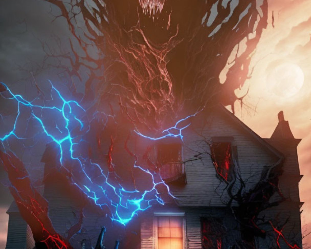 Spooky haunted house with spectral skull, lightning, and full moon