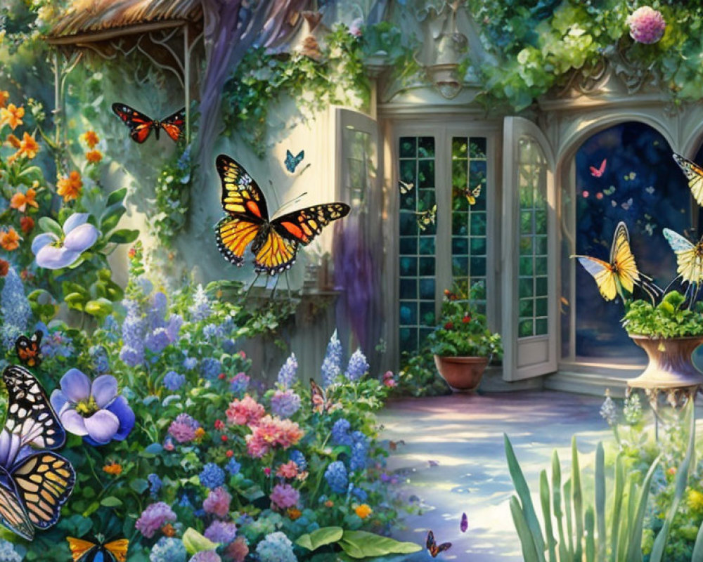 Vibrant Garden Scene with Architectural Features